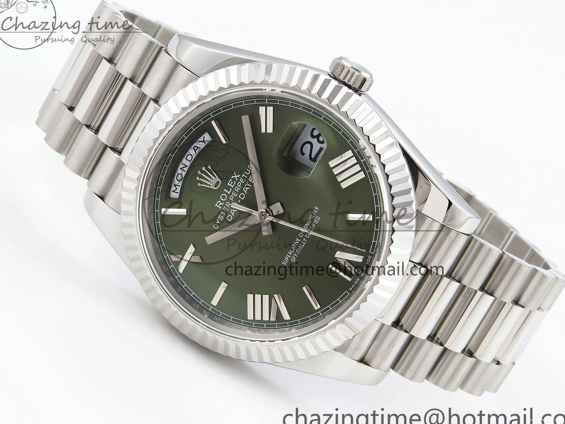 Best AAA Replica Sites Bracelet JDF 1440 V3 904L on TravelReady (Gain President 40 DayDate Weight) Steel VR3255 SS Dial Green Roman 1218